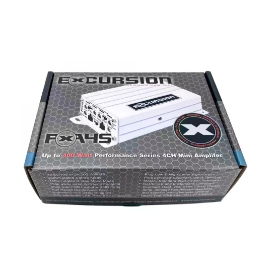 Excursion PXA-45 4-kanałowy mini wzmacniacz samochodowy do fabrycznych systemów audio - moc RMS: 4x80-100W / 2x200W, klasa FRD, wej. High/Low, Auto On